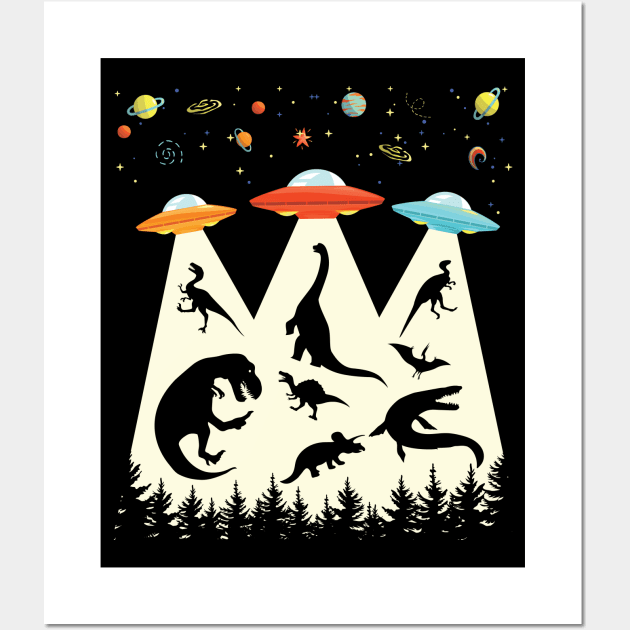 Funny Dinosaur UFO Lover Retro Vintage Alien Abduction Wall Art by Pennelli Studio